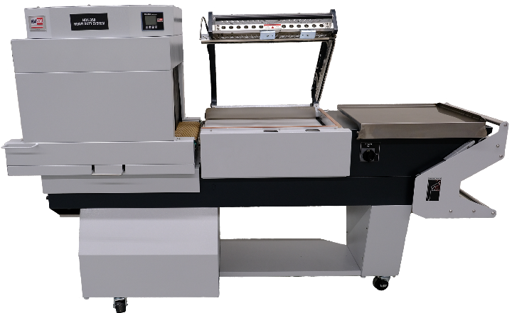 Heat Seal HDX350 shrink wrapping system with integrated L-bar sealer and shrink tunnel, shown from front view with hood open and conveyor belt visible.
