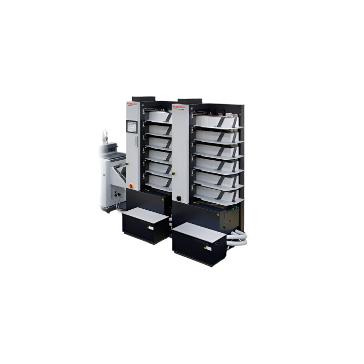 Horizon VAC-L600H Air Suction Collator with dual 10-bin towers and high-capacity air feed system, shown with optional accessories.