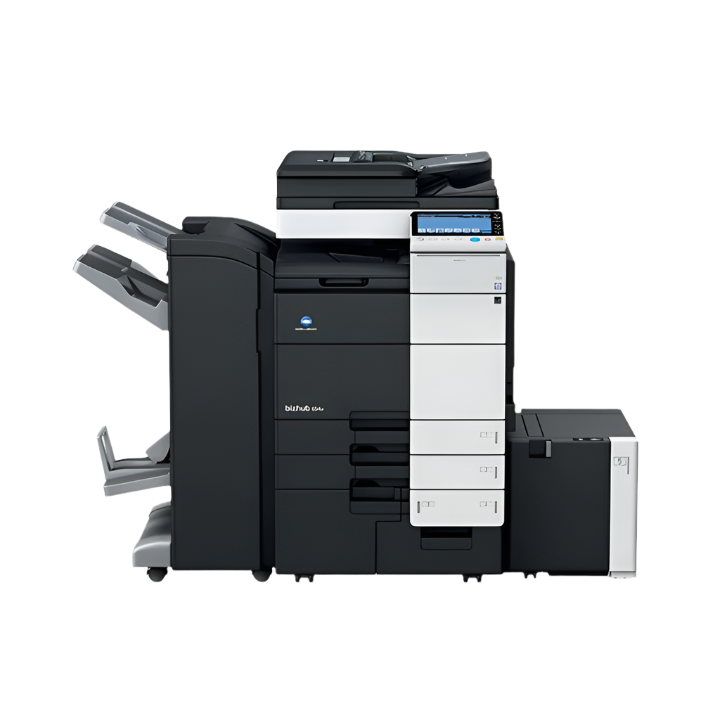Konica Minolta bizhub C654e multifunction color printer with finisher and touchscreen control panel