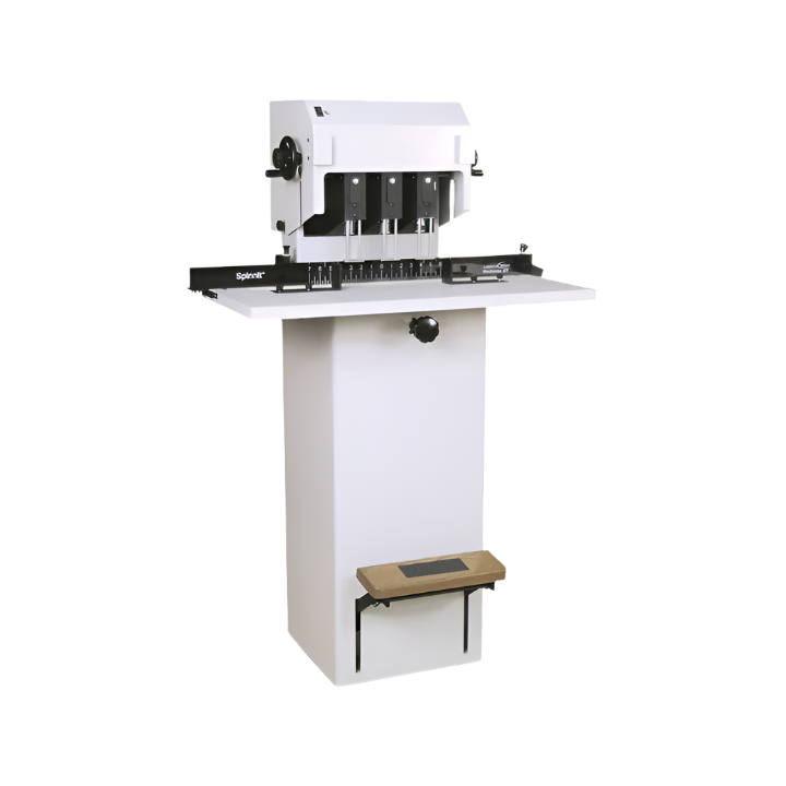 MBM FMM3 floor model paper drill featuring three adjustable spindles, foot pedal operation, and a sturdy stand for high-volume drilling tasks