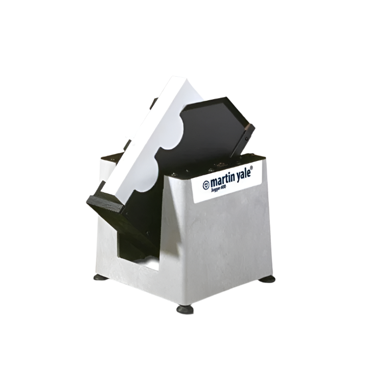 Martin Yale 400 paper jogger with angled tray holding a stack of white sheets