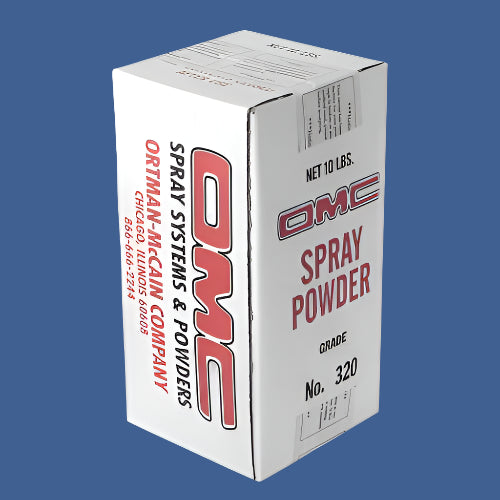 10-pound box of OMC Spray Powder, Grade No. 320, labeled with red and black branding from Ortman-McCain Company for use in printing applications