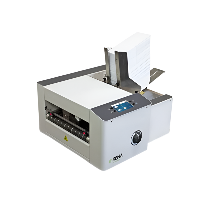RENA AS-650 Monochrome Address Printer with vertical paper stack feeder, LCD control panel, and compact desktop design