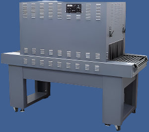 Side angle of the Heat Seal T4822 standard duty shrink tunnel, showing control panel, vented metal housing, and heavy-duty conveyor system.