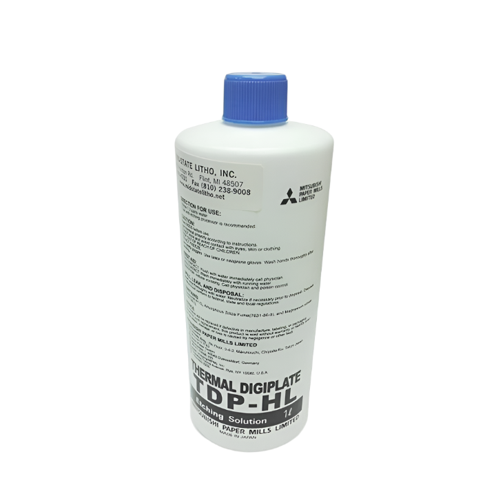 One-liter bottle of Mitsubishi TDP-HL Thermal Digiplate Etching Solution for TDP plate processing systems.