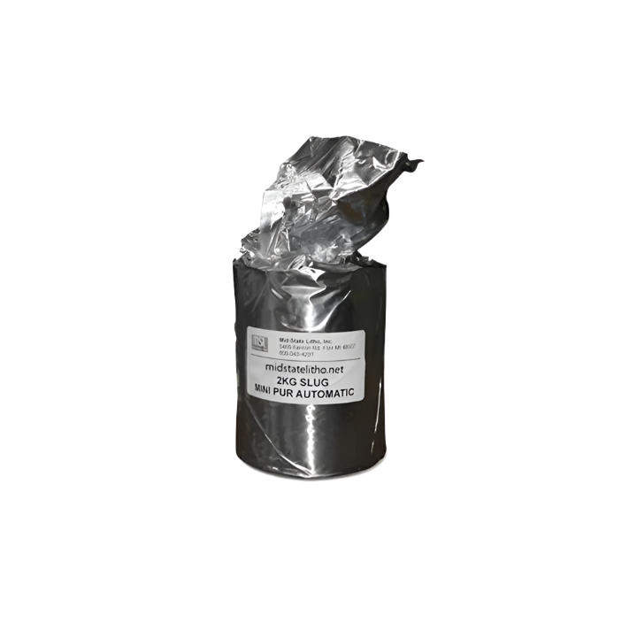 UH2004-5-VSR PUR Book Adhesive Glue Slug in foil packaging, 2kg size, labeled for Mini PUR Automatic use, distributed by Mid-State Litho.