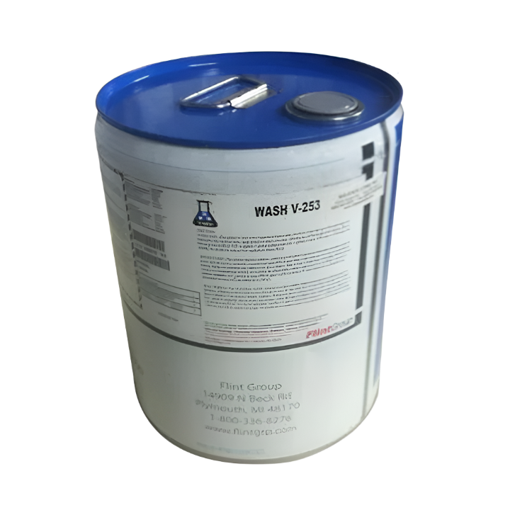 White drum with blue lid labeled 'WASH V-253' on a white background