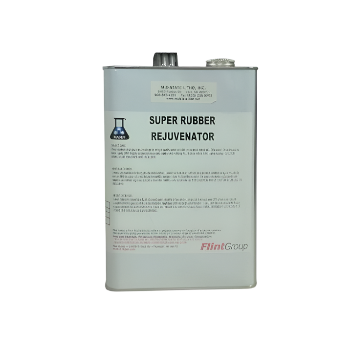 Varn Super Rubber Rejuvenator gallon can for cleaning and restoring printing press rollers, shown with product label on white background