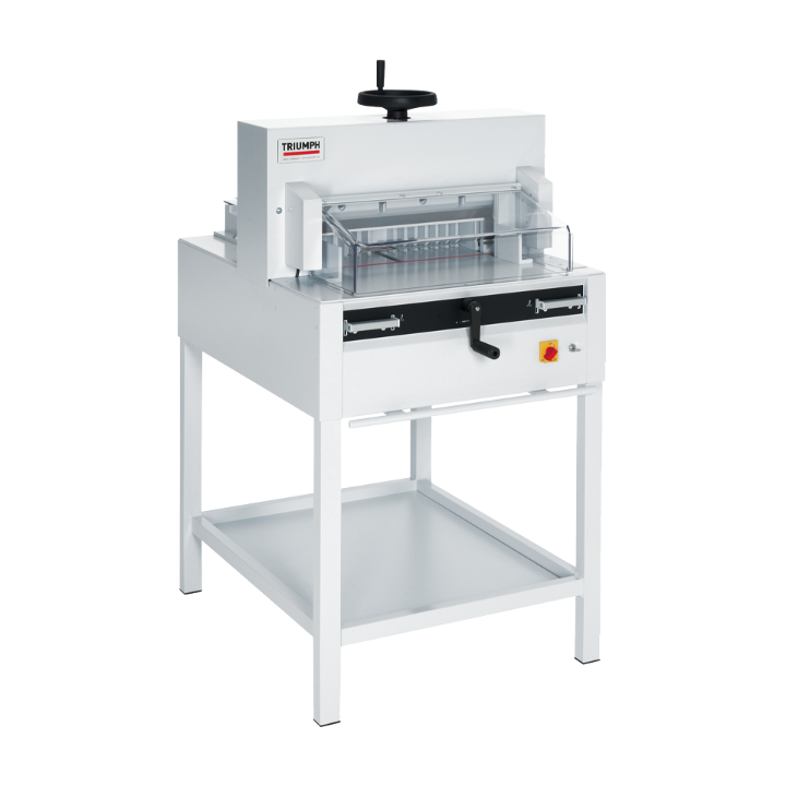 MBM Triumph 4815 semi-automatic 18-5/8" paper cutter with manual back gauge, spindle clamp, and transparent safety guard.
