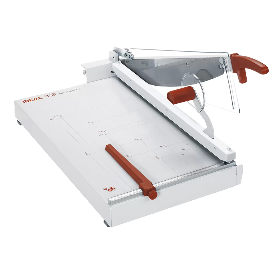 Triumph 1158 heavy-duty paper trimmer with red safety handle, adjustable backstop, and clear protective guard on a precision cutting surface.