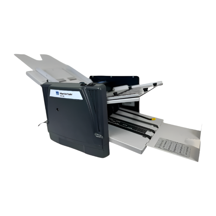 Martin Yale 1217A AutoFolder 12" x 18" paper folder with extended paper trays and grey housing, viewed from rear angle.