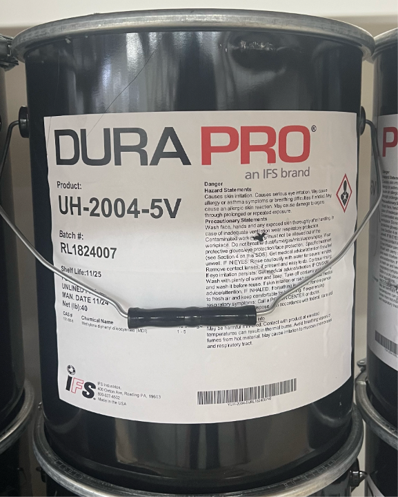 DURA PRO UH-2004-5V PUR adhesive in a black 5-gallon pail with hazard warning label, batch number RL1824007, and IFS branding visible