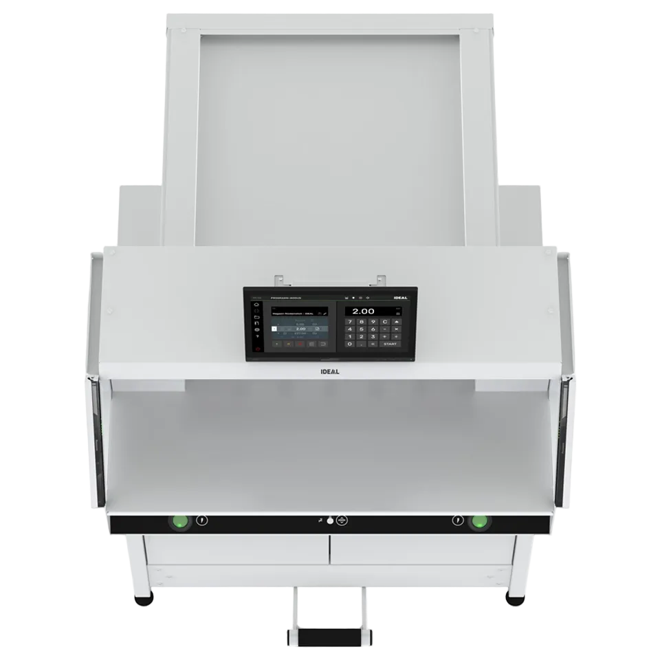 Rear view of Triumph Speedcut 68 paper cutter with backgauge and stand