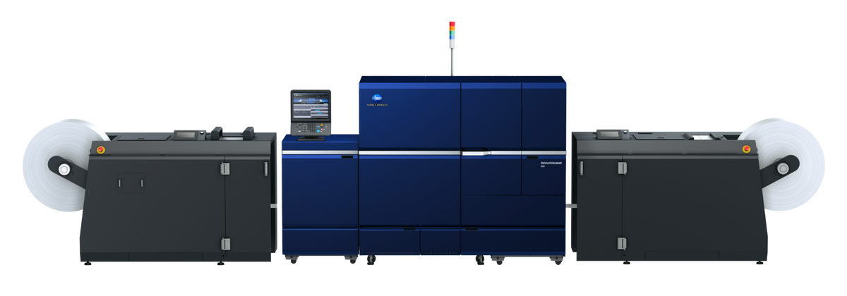 Konica Minolta AccurioLabel 400 roll-to-roll digital label press – full system front view with dual unwind and rewind units.