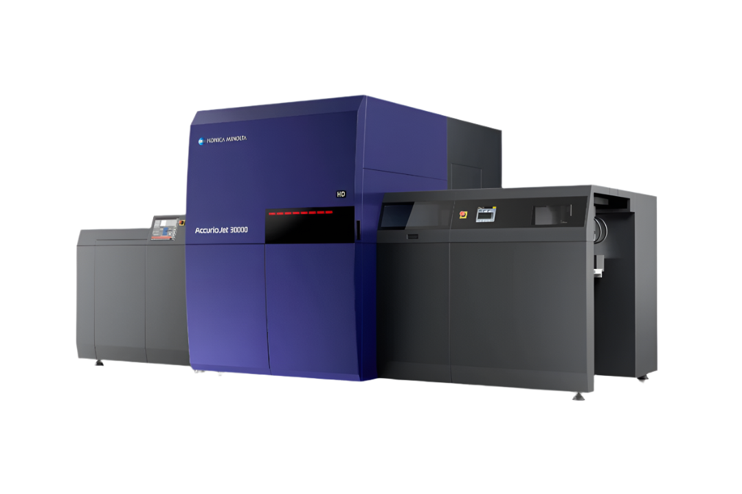 Konica Minolta AccurioJet KM-1e 30000 high-speed UV inkjet press with B2+ sheet size support and advanced color management for commercial print applications.