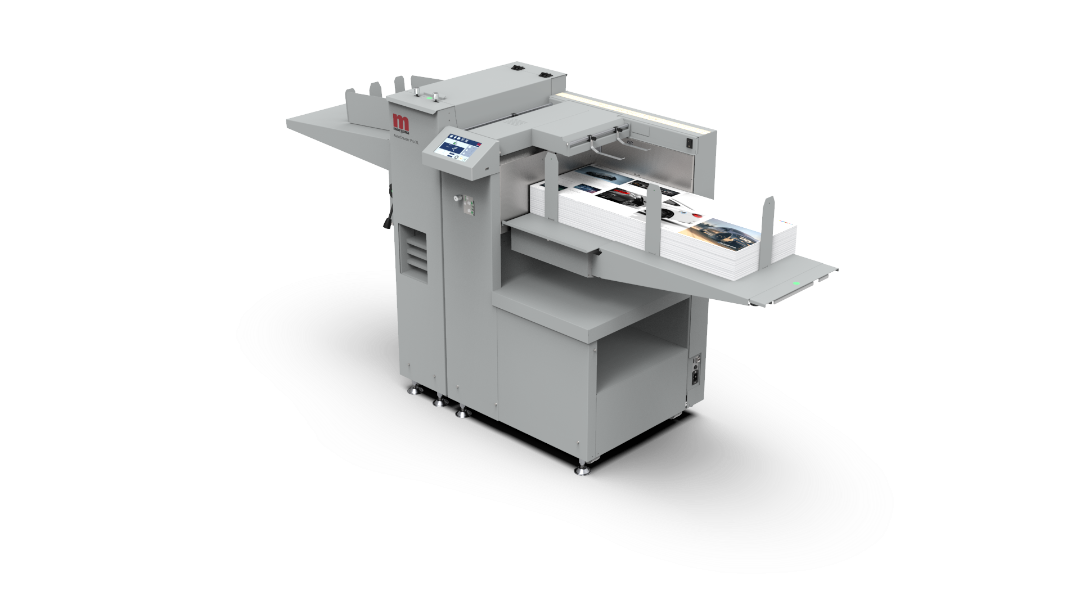 Morgana AutoCreaser Pro XL automated creasing machine with color-printed sheets feeding through output tray