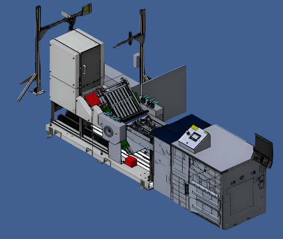 Baum Print/Gather/Fold/Verification/Insert system CAD rendering featuring integrated printer, conveyor rollers, fold modules, electronics cabinet, and overhead sensors for document tracking
