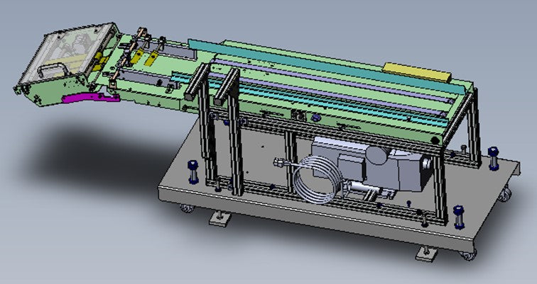 Baum Single Page Feeder 3D CAD rendering showing motorized feeding mechanism and conveyor belt assembly on a sturdy metal base with adjustable feet
