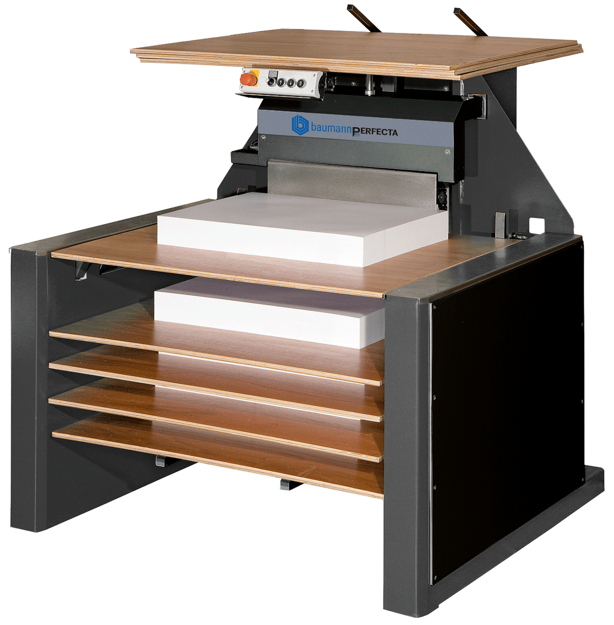 Perfecta Air Board Lift BLL with multi-level wood platform shelves, integrated lift mechanism, and stack of paper for manual handling efficiency