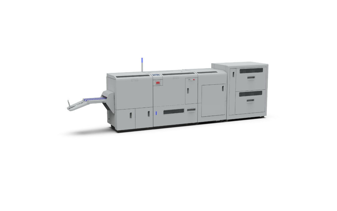 Morgana BM5000 Series booklet maker system – low left angle showing full inline configuration with output tray and tower units.