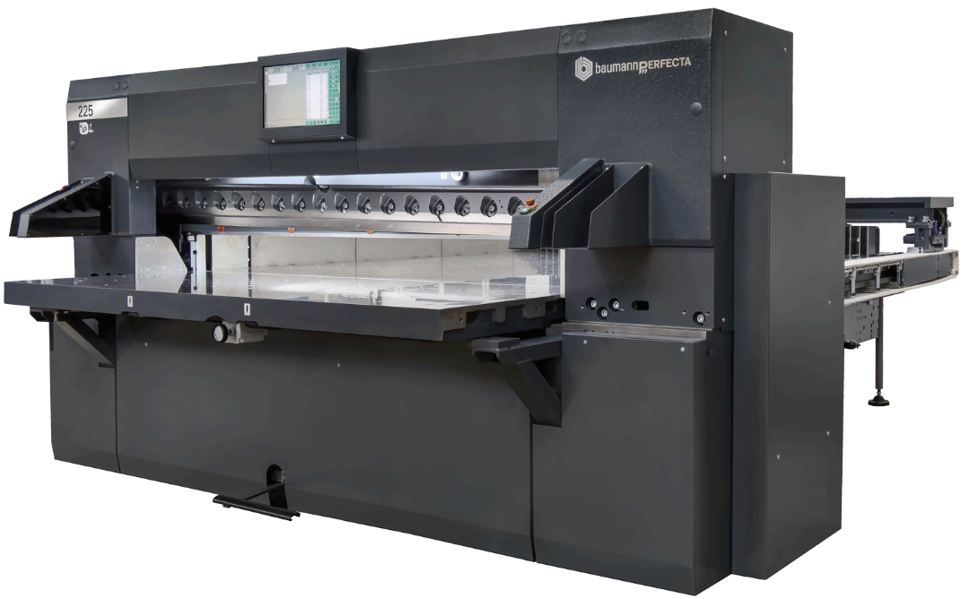 Perfecta BP225 Paper Cutter with touchscreen control panel, extended cutting bed, and precision-guided blade system for industrial sheet cutting