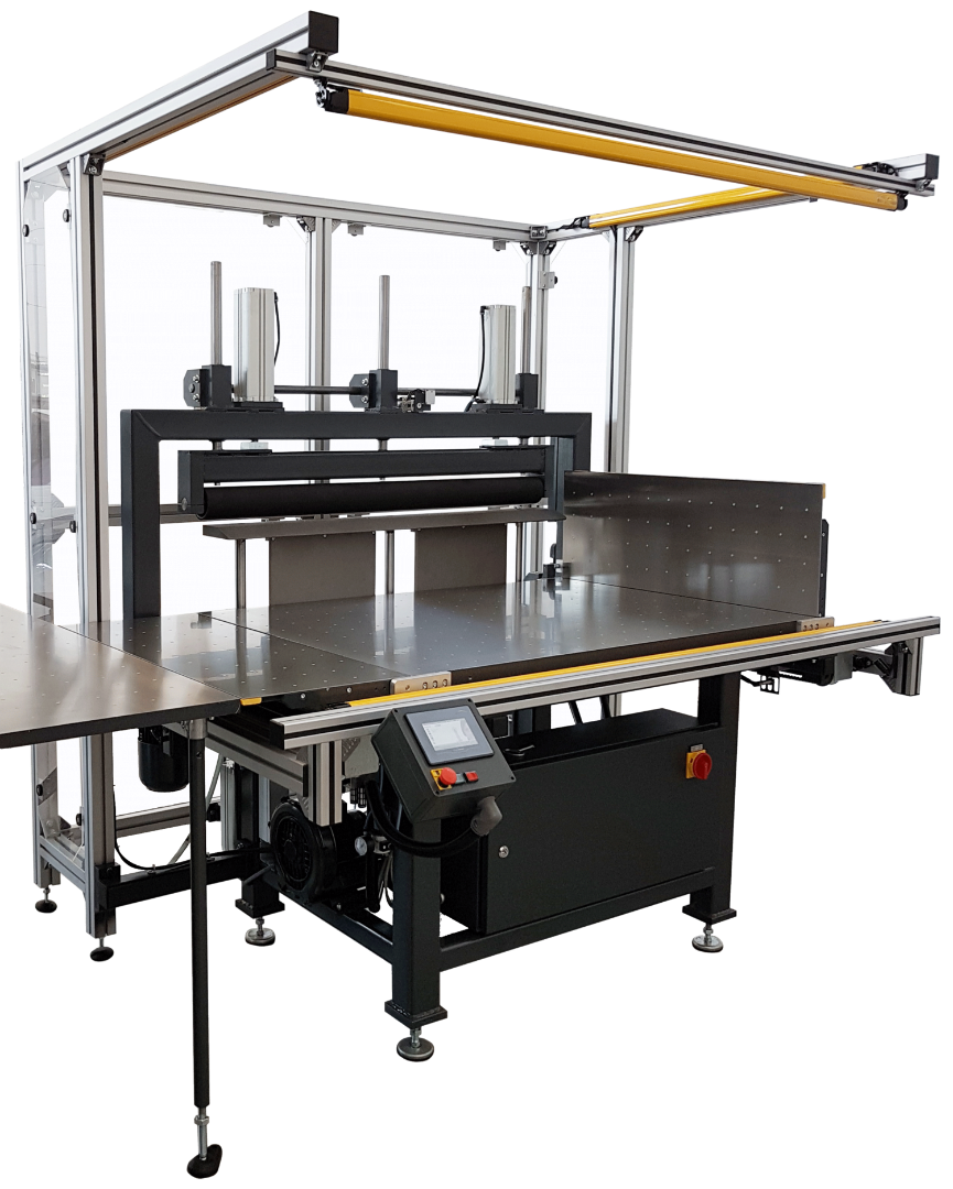 Perfecta BPS3 Pressing Station with enclosed safety frame, dual pressing rollers, touchscreen controls, and adjustable paper alignment table