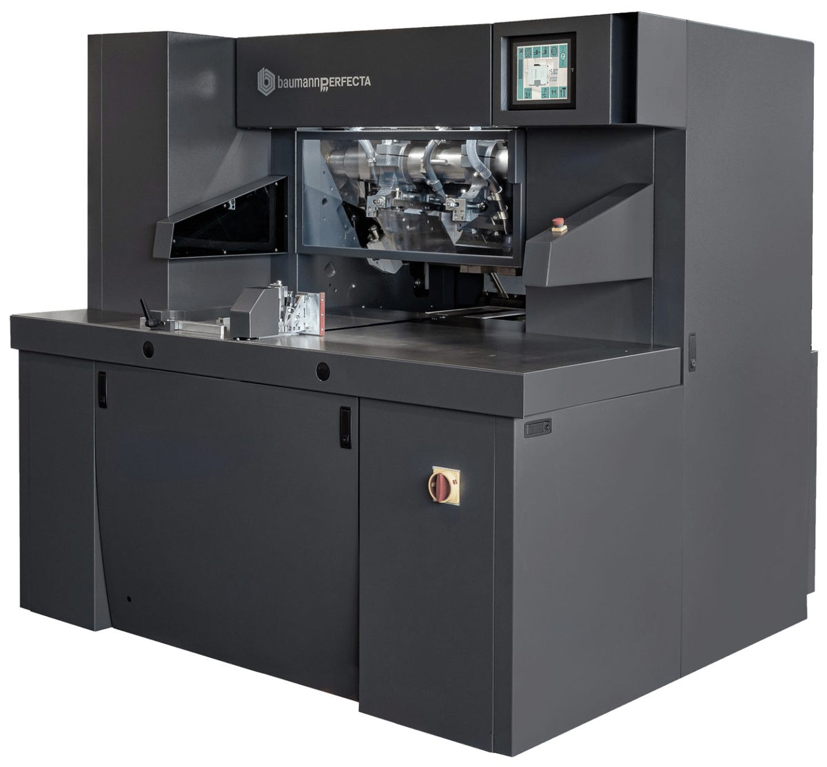 Perfecta BP SDY three-knife trimmer with enclosed cutting area, touchscreen interface, dark gray cabinet, and automated trimming system.