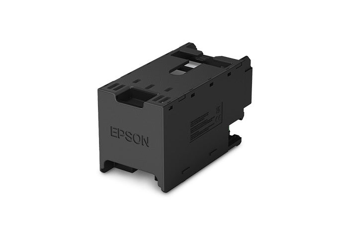 Epson C12C938211 Ink Maintenance Box – Compact Black Plastic Cartridge with Epson Branding, Cutout Grips, and Side Labeling, Shown on White Background