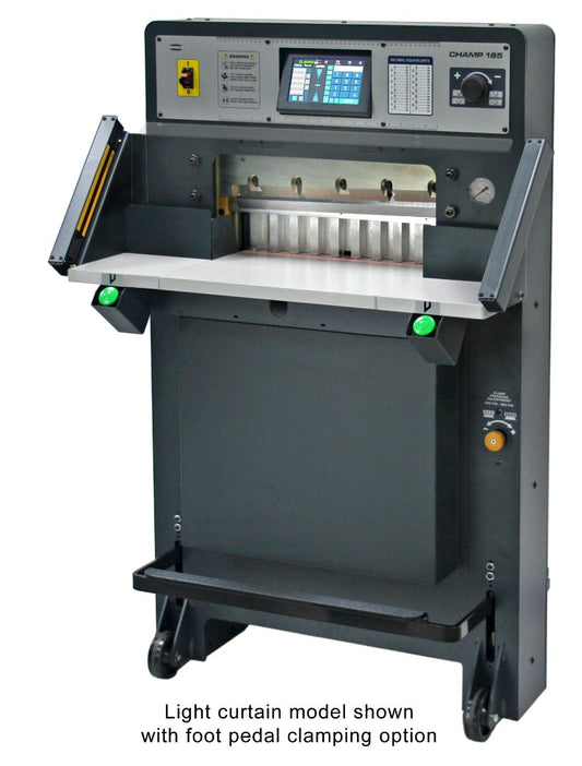 Challenge Champ 185 Series programmable hydraulic paper cutter with touchscreen display, side tables, and precision backgauge system
