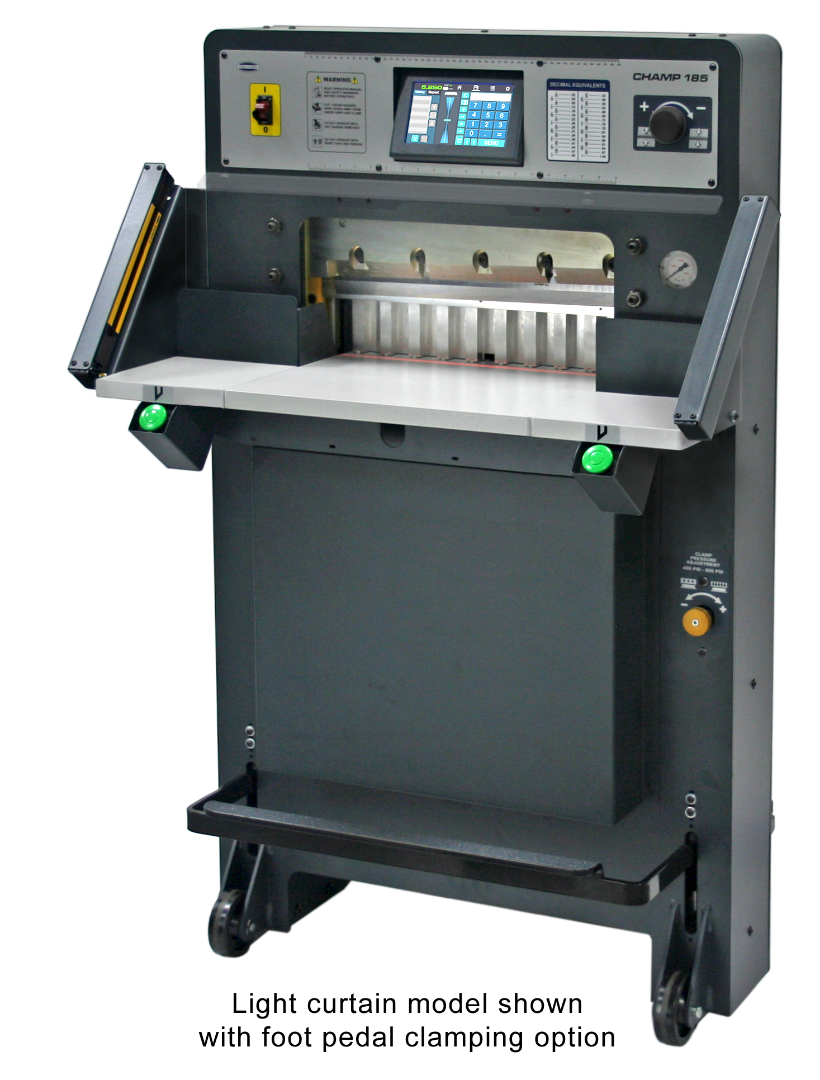 Challenge Champ 185 Series programmable hydraulic paper cutter with touchscreen display, side tables, and precision backgauge system