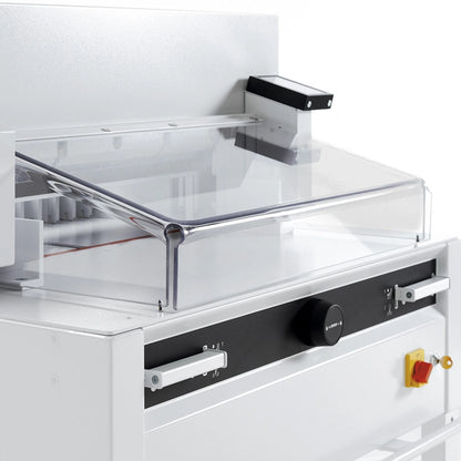 Triumph 4855 cutter close-up showing transparent safety guard and back gauge area