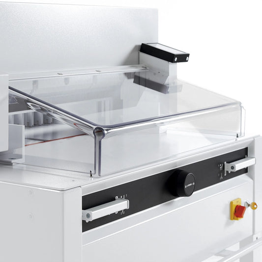 Triumph 4855 cutter close-up showing transparent safety guard and back gauge area