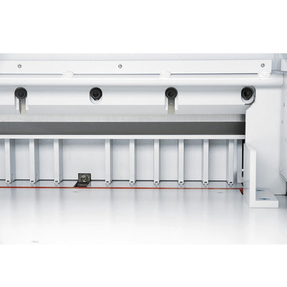 Triumph 4855 cutting area close-up showing the clamp and blade zone behind the guard