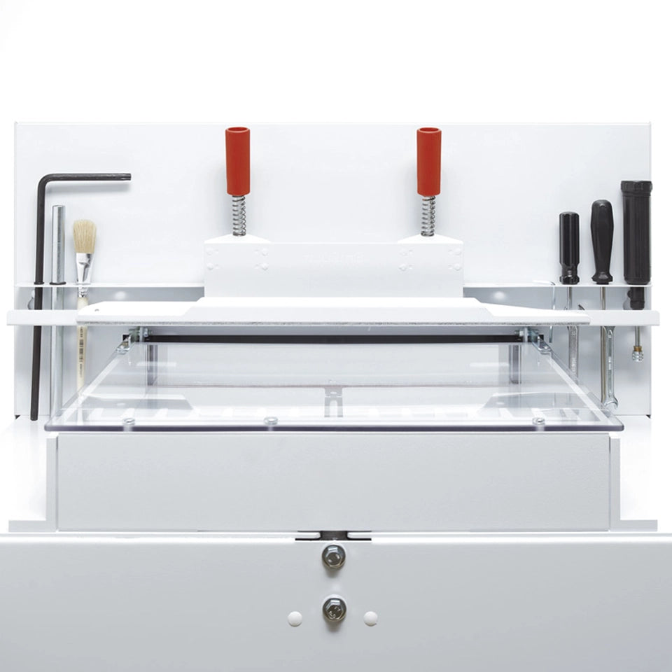 Front view of Triumph 4855 cutter with safety guard open and tool holder visible