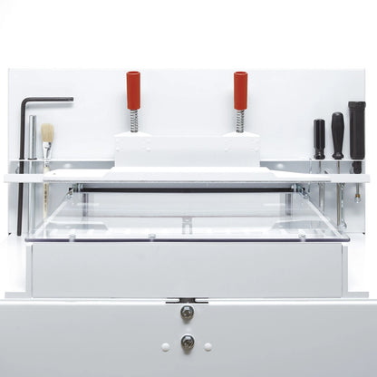 Front view of Triumph 4855 cutter with safety guard open and tool holder visible