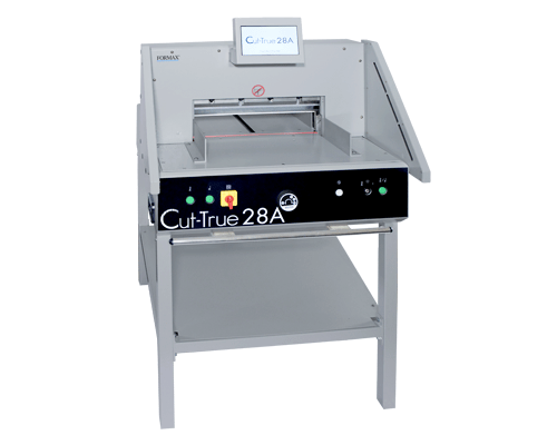 Formax Cut-True 28A Automatic Programmable Guillotine Cutter with color touchscreen, LED cutting line, and electric clamp for precision cutting.
