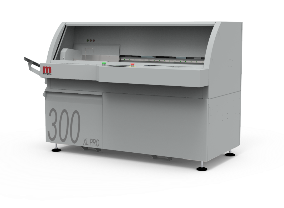 Morgana DigiBook 300XL PRO PUR perfect binder with extended binding length, enclosed work area, and ergonomic control panel for high-capacity book production with superior spine strength.