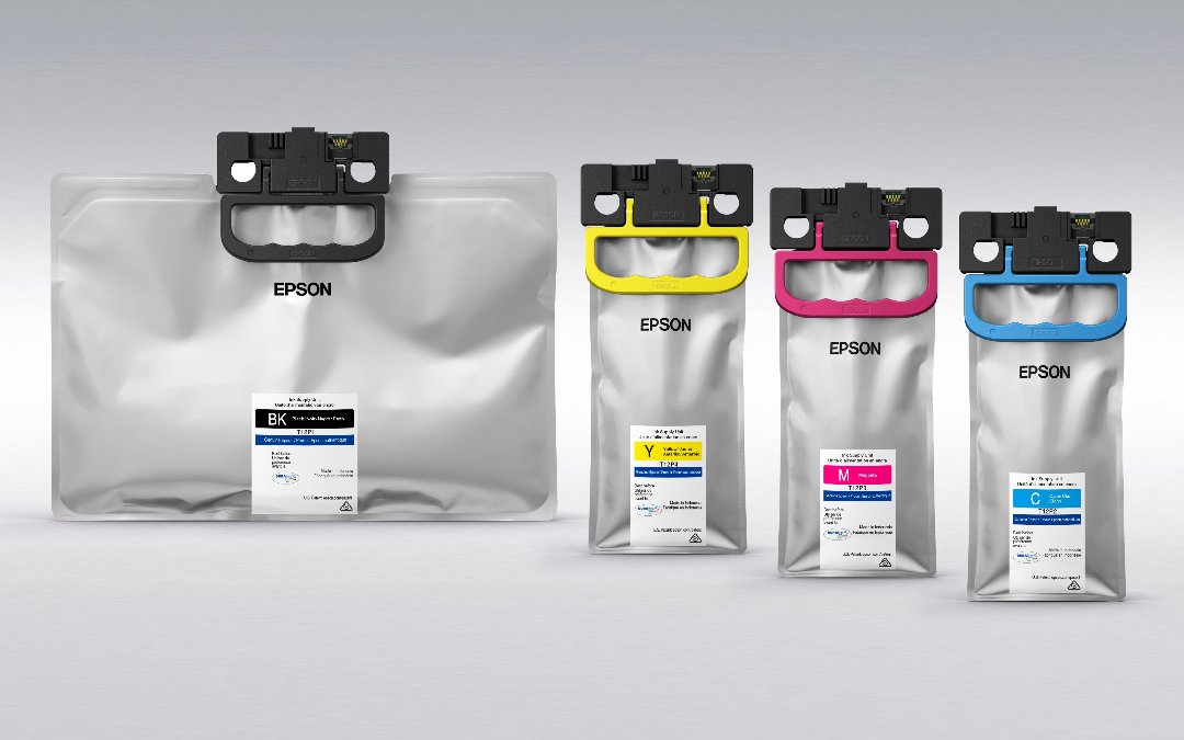 Epson DURABrite Ultra T12P Ink Packs – Full Set Displayed with Large Black (BK), Yellow (Y), Magenta (M), and Cyan (C) Ink Bags Featuring Color-Coded Handles and Labels, Against Light Gray Background