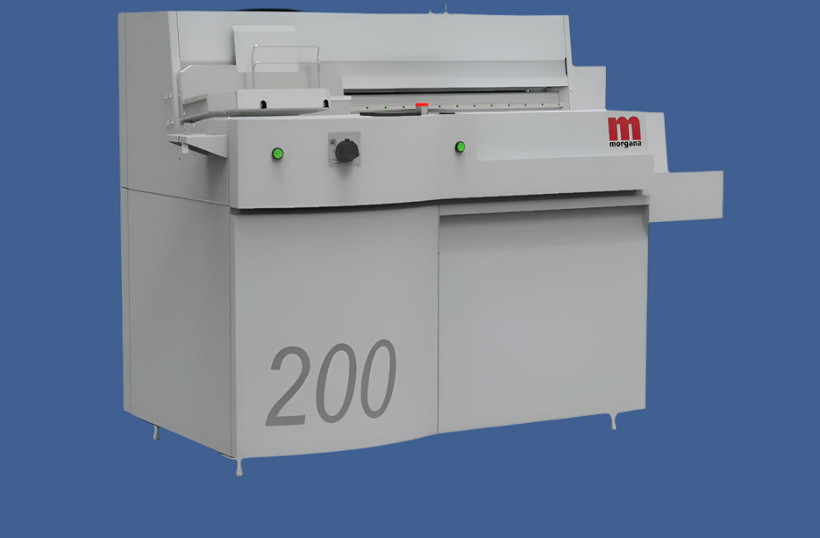 Morgana DigiBook 200 PUR perfect binding machine with compact footprint, user-friendly controls, and enclosed binding area, ideal for short to medium-run digital book production.