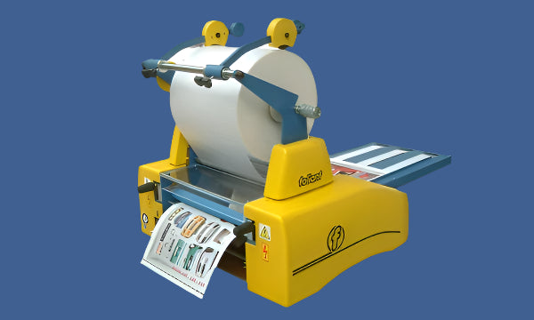 Foliant 400T Manual Laminator — Compact Yellow Manual Laminating Machine with Single Roll Feed, Top Pressure Rollers, and Laminated Sheet Output on Blue Background