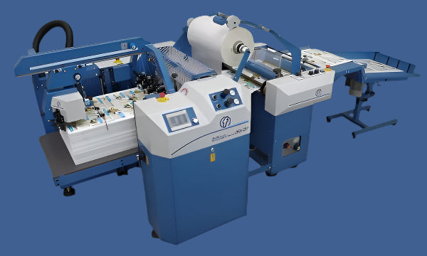 Foliant Castor 530SF Fully Automatic Laminator — Compact Laminating System with Suction Feeder, Control Panel, Dual Film Rollers, and Delivery Tray on Blue Background