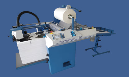 Foliant Taurus 530 NG Fully Automatic Laminator — Industrial Laminating Machine with Feeder Stack, Film Roll, Touchscreen Controls, and Output Tray on Blue Background