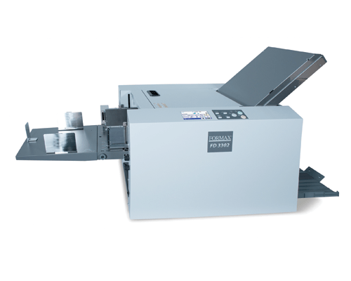 Formax FD 3302 high-speed document folder with color touchscreen control and extended outfeed tray, designed for professional paper folding.