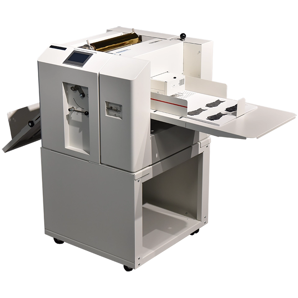 MBM FoilGlazer II laminator and foil fuser with top foil roll holder, touchscreen control panel, adjustable feed tray, and front output table, designed for digital foil fusing and specialty lamination.