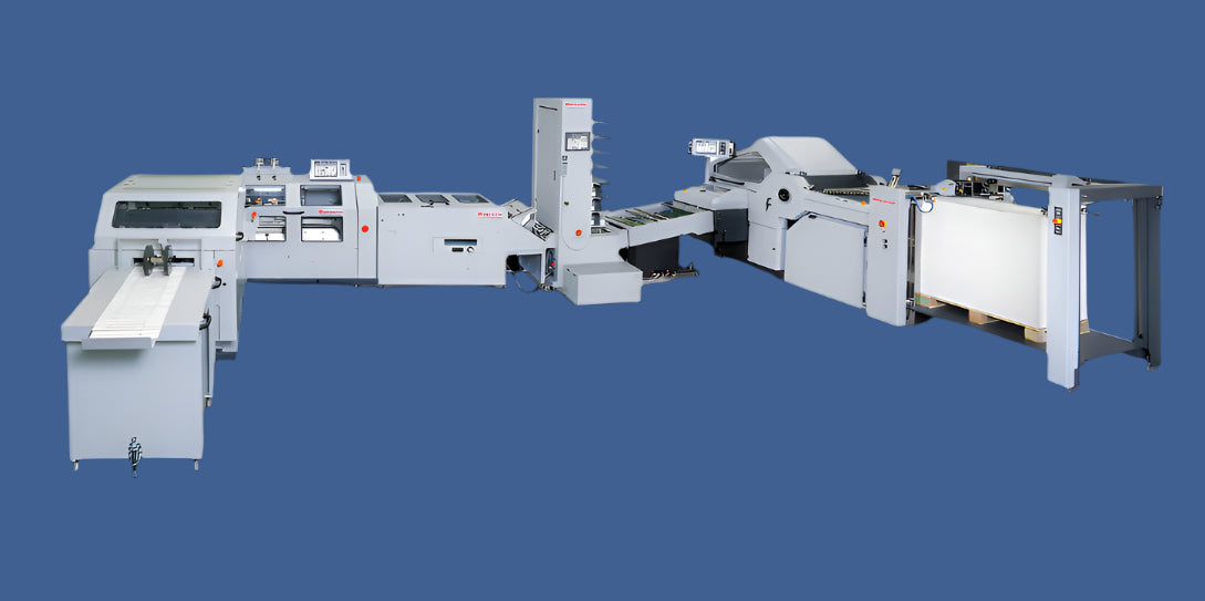 Standard Horizon FoldLiner saddlestitching system with high-speed sheet feeder, folding unit, collator tower, and stacker conveyor