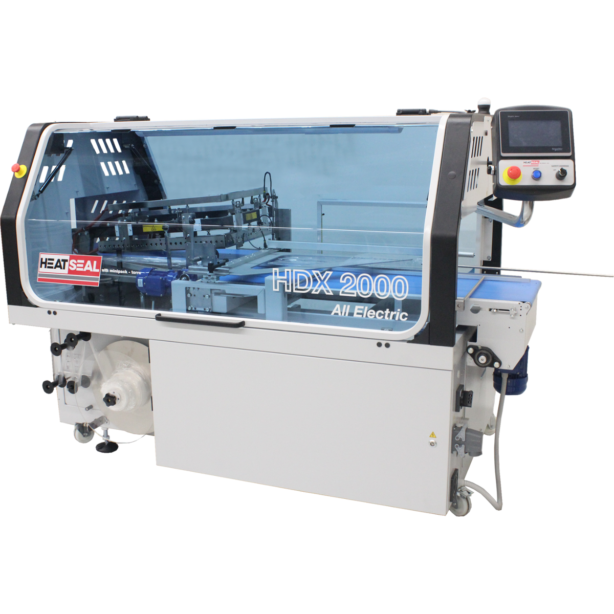Heat Seal HDX 2000 All-Electric automatic L-bar sealer with touchscreen control panel and transparent safety enclosure, angled front view.