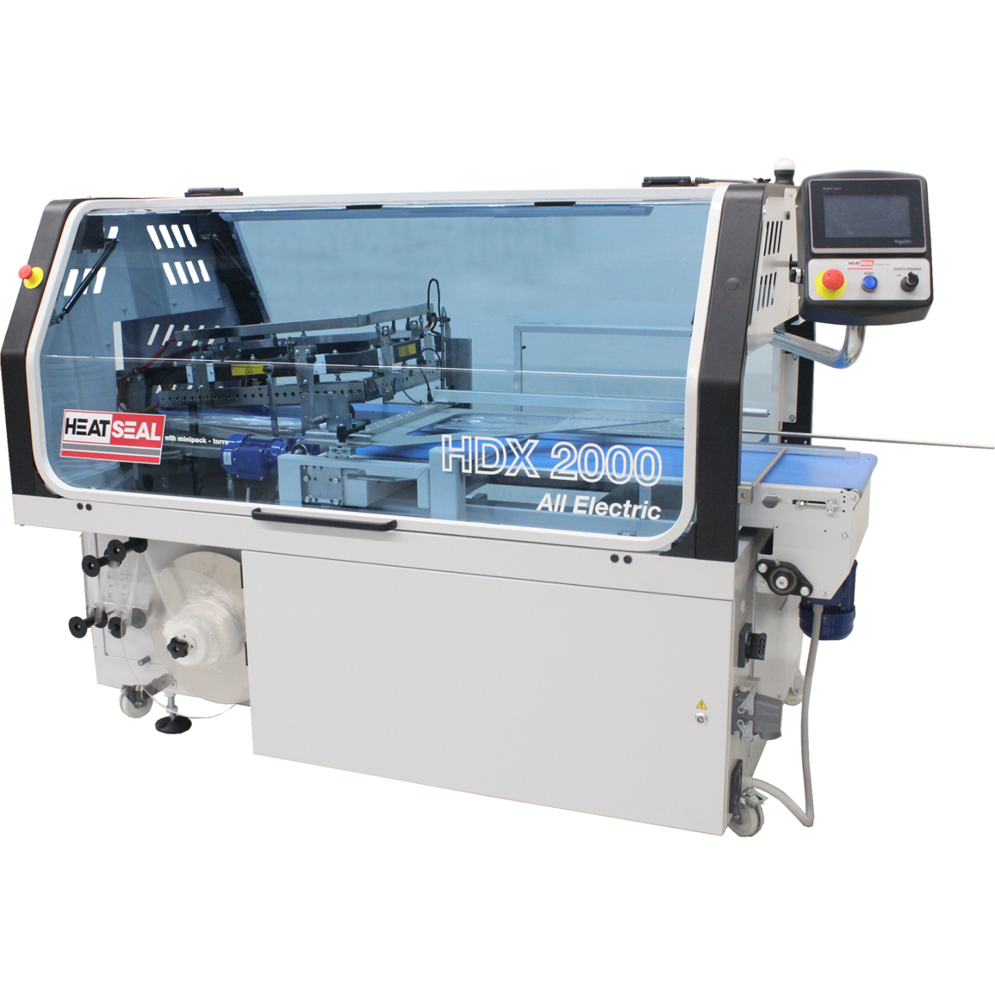 Heat Seal HDX 2000 All-Electric automatic L-bar sealer with touchscreen control panel and transparent safety enclosure, angled front view.