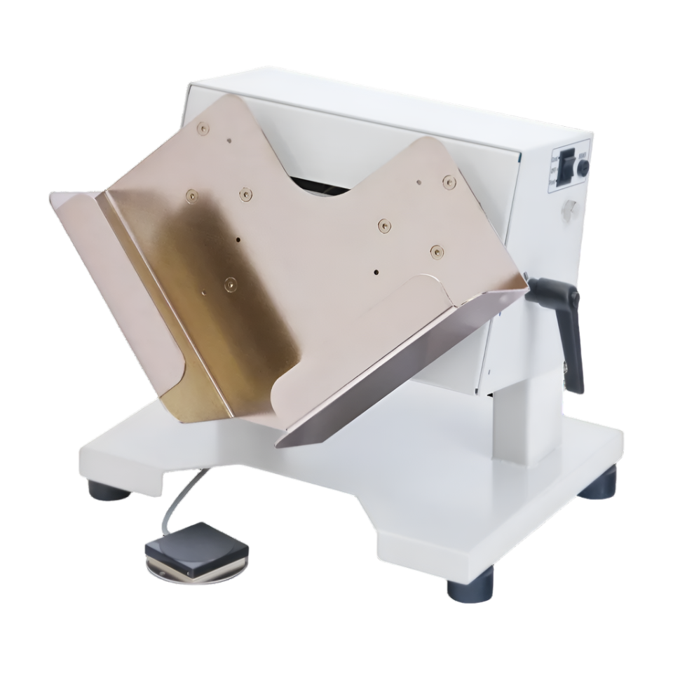 MBM JT7 paper jogger with V-shaped tray and foot pedal control on white base
