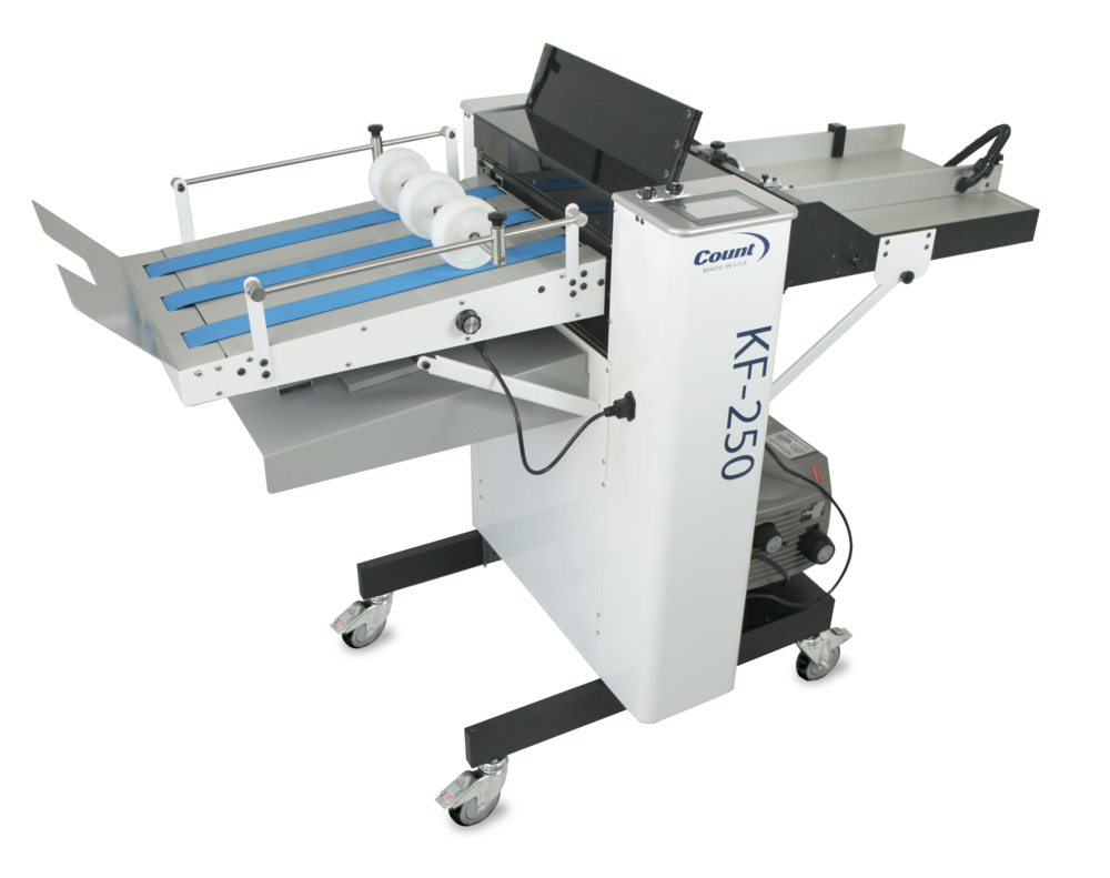 Count KF-250 creaser and folder with touchscreen interface, conveyor belt, and suction feed system