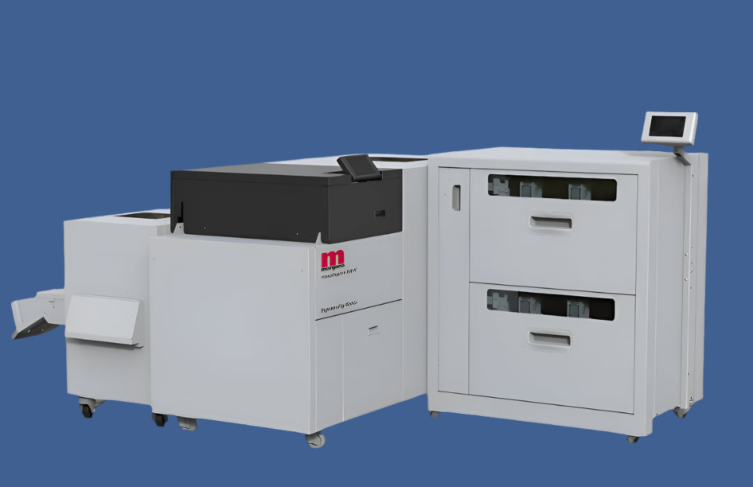 Morgana PowerSquare 160VF bookletmaker with integrated high-capacity feeder and touchscreen interface, shown on a blue background
